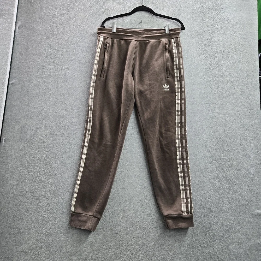 Adidas Men‎ Activewear Pants M Brown Embroidered Sweatpants Plaid Stripe Fleece